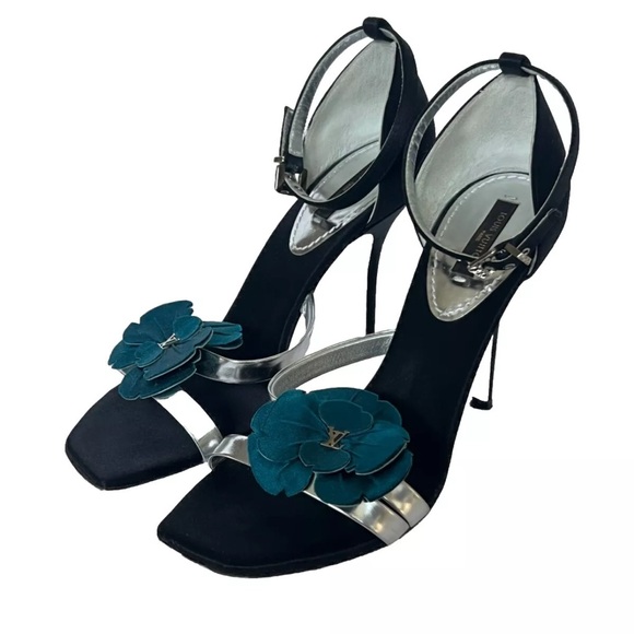 LOUIS VUITTON BLACK SATIN & BLUE FLORAL EMBELLISHED SANDALS SIZE 37 US 7 EUC - Picture 1 of 9
